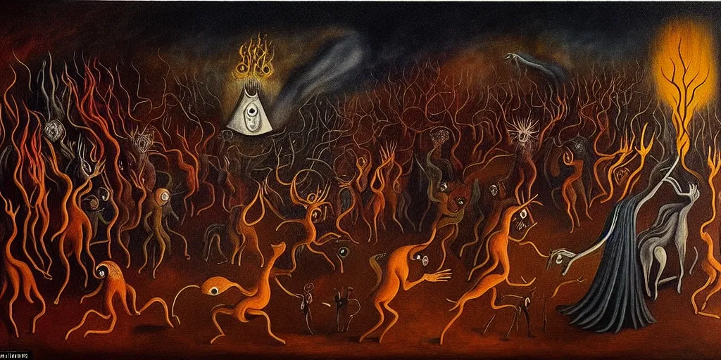 Image similar to personified emotion and thought creatures riot in a fiery wasteland, dramatic lighting glow from giant fire, attempting to escape to the surface and start a revolution, in a dark surreal painting by leonora carrington