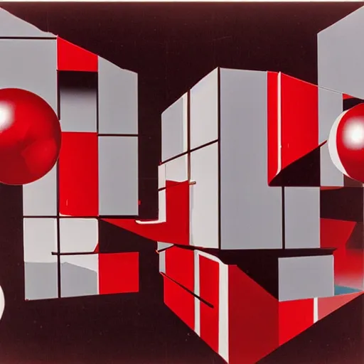 Prompt: chrome spheres on a red cube by laszlo moholy nagy