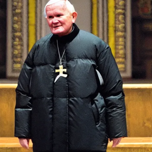 Image similar to john paul ii standing in church in a black puffed nuptse, black cargo pants and high black boots