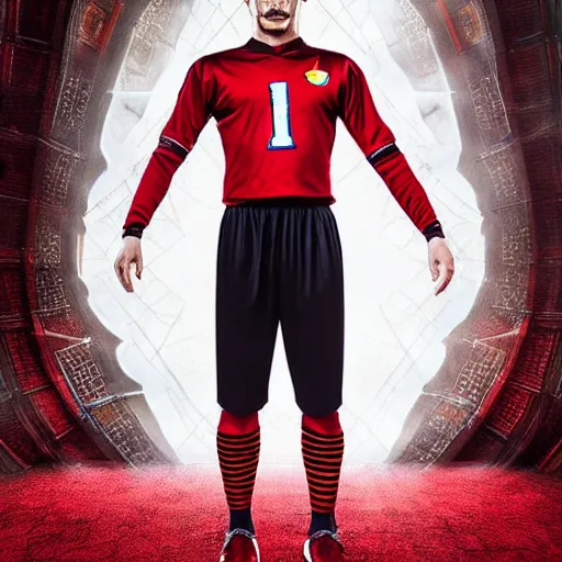 Image similar to conceptual football uniform with doctor strange outfit design, photography, filmic, cinematic, glamor shot