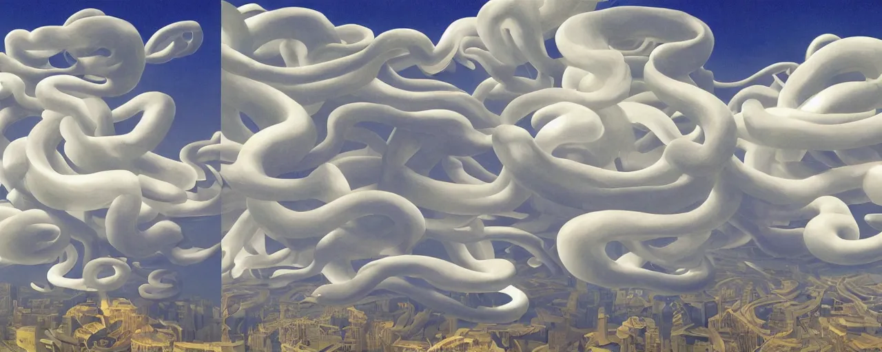 Image similar to a swirling cloud of snake medicine. Painting by René Magritte, 3D rendering by Beeple, sketch by R. Crumb