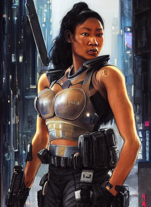 Image similar to black chun li. cyberpunk police trooper in a military vest ( blade runner 2 0 4 9, cyberpunk 2 0 7 7 ). orientalist portrait by john william waterhouse and james gurney and theodore ralli and nasreddine dinet, oil on canvas. cinematic, hyper realism, realistic proportions, dramatic lighting, high detail 4 k