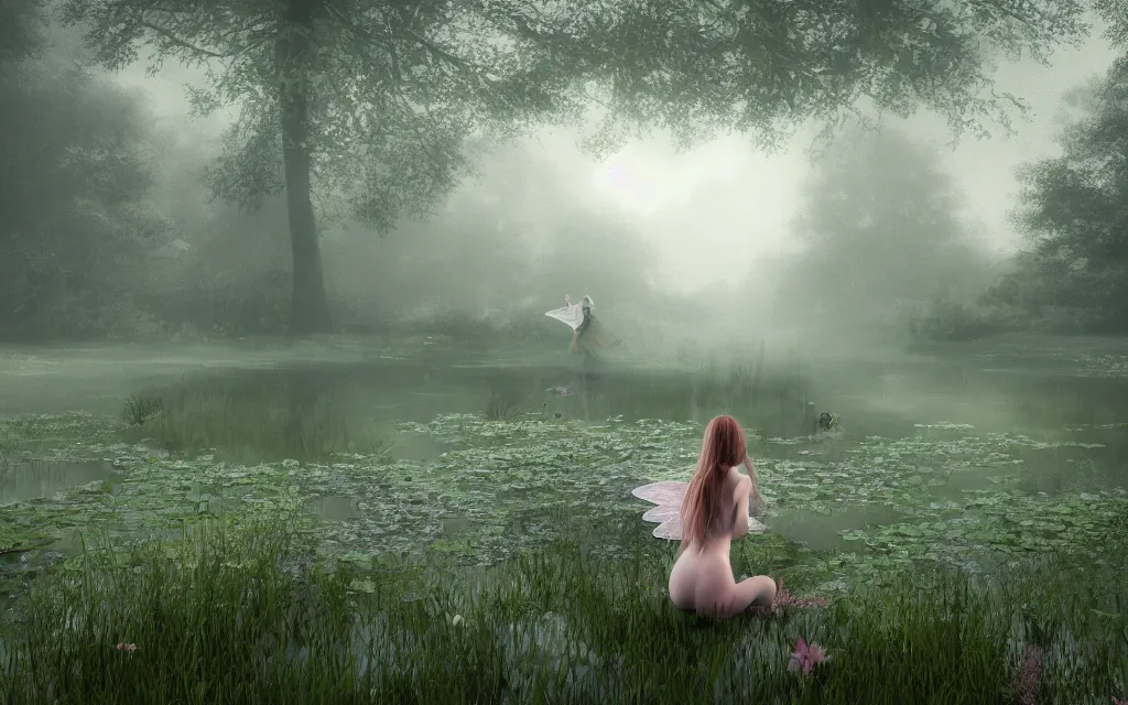 Image similar to gorgeous fairy looking into an aethereal pond in a gloomy meadow covered by fog, photorealistic, 8K rendered with octane