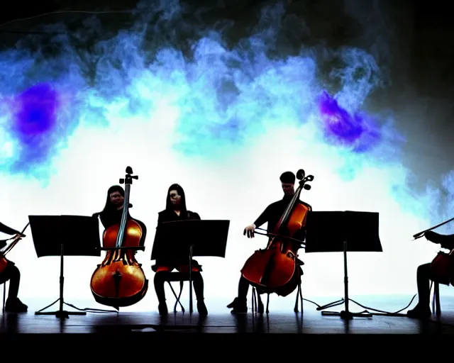 Prompt: string quartet on stage, cello playing, giant led screens, soft colors, glowing - thin - wires, smoke, dust, ultrafine detail, ornate, associated press photo, cello playing, smoke, detailed projections, volumetric