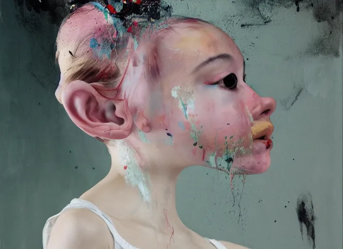 Image similar to portrait of nervous young girl ballerina sitting on the floor focusing in a dance hall by alberto seveso and hernan bas and francis bacon and pat steir and hilma af klint, psychological, photorealistic, symmetrical face, dripping paint, washy brush, matte painting, rendered in octane, altermodern, masterpiece