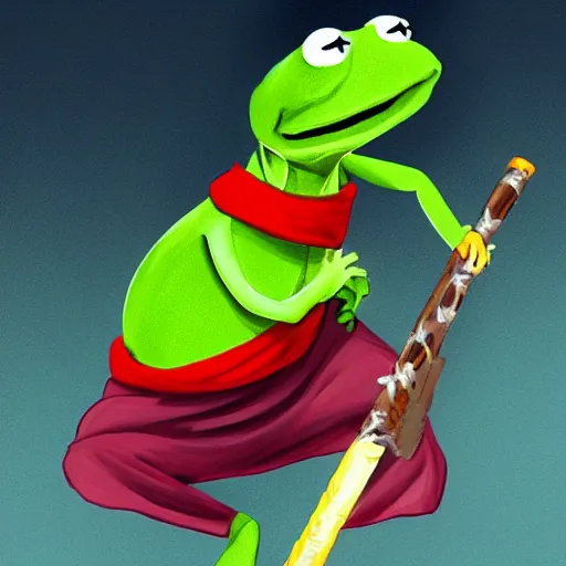 Prompt: Kermit the Frog in a ninja outfit with two samurai swords on his back, smoking a cigarette, artstation, digital art, 4k