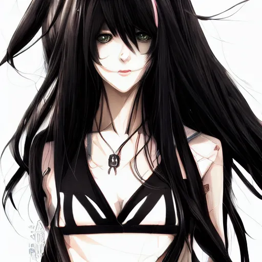 Image similar to upper body portrait of a beautiful girl with long black hair, wearing black riot gear, holding AR-15, drawn by WLOP, by Avetetsuya Studios, attractive character, colored sketch anime manga panel, trending on Artstation