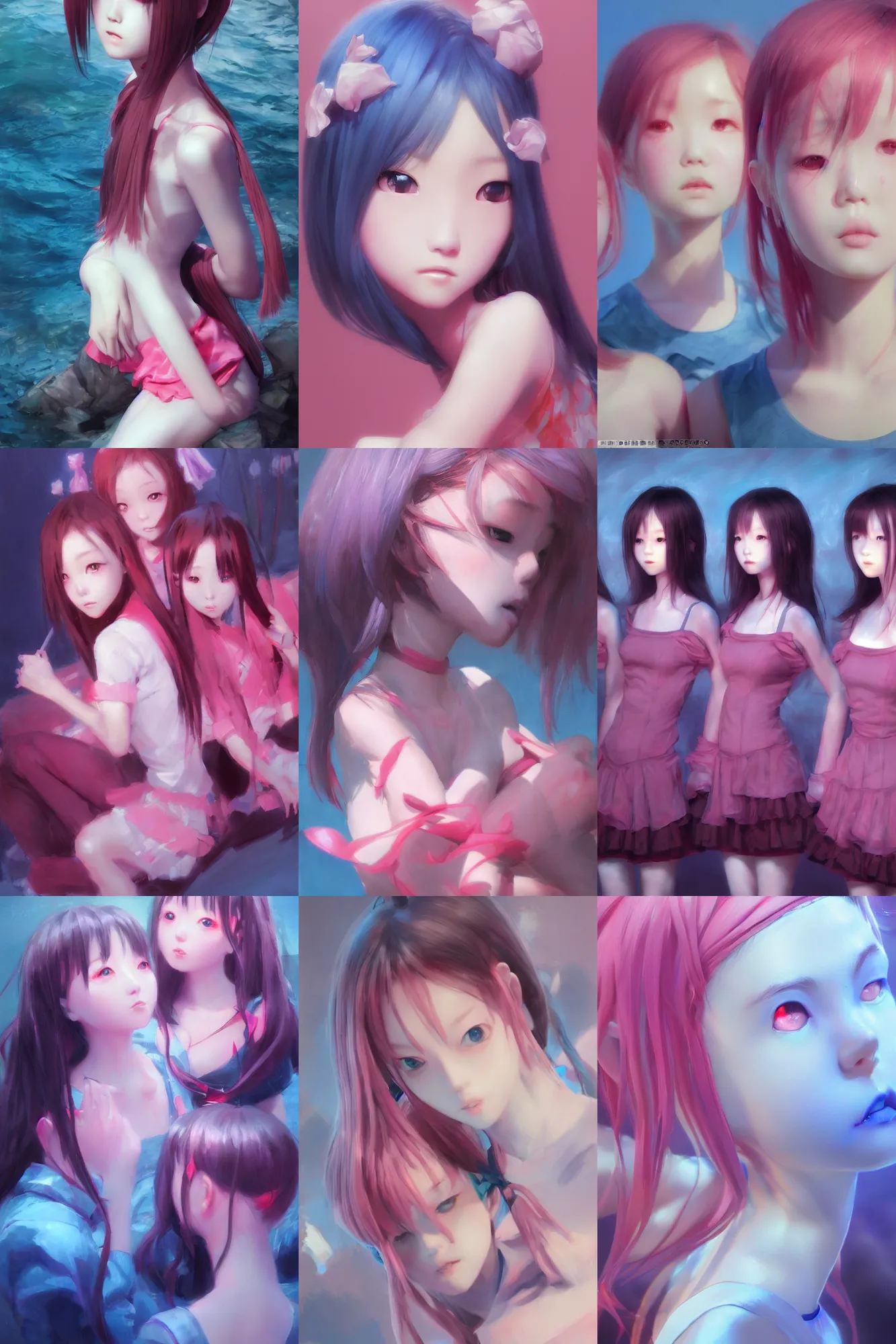 Image similar to 3d dark infrared octane render concept art by D. Jun, by Mo Xiang Tong Xiu, by Igarashi Daisuke, beauty portrait anime schoolgirls under dark pink and blue water. cute sad face. dramatic deep light, trending on artstation, oil painting.