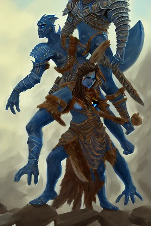 Prompt: a small blue-skinned triton girl wearing scale armor riding on a the shoulders of a large male goliath wearing fur and leather armor, dnd concept art, painting by Daniel R Horne