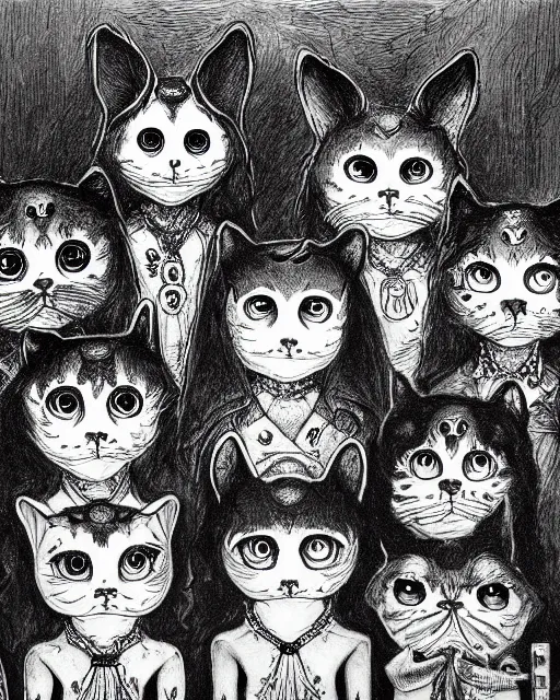 Image similar to group of creep children staring out, black and white character portrait, ultra realistic, concept art, intricate details, war, cinematic, highly detailed by louis wain