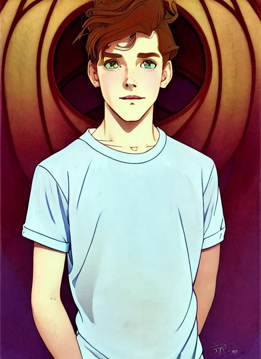 Image similar to art nouveau portrait of a teen boy with completely straight auburn hair, light blue eyes, pale skin, freckles, sad expression, t - shirt, modern casual clothing, natural lighting, path traced, highly detailed, high quality, cartoon, digital painting, by don bluth and ross tran and studio ghibli and alphonse mucha