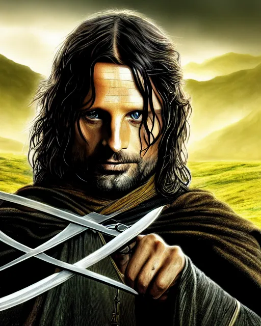 Image similar to Aragorn from Lord of the rings, Cover art by Stephen Bliss, boxart, loading screen, 8K resolution