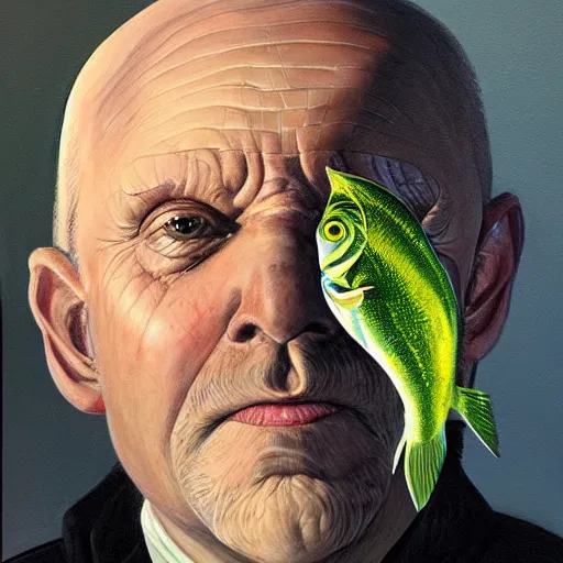 Prompt: portret of old balding man with fish like facial features, eerie lighting, detailed painting in style of Kim Myatt