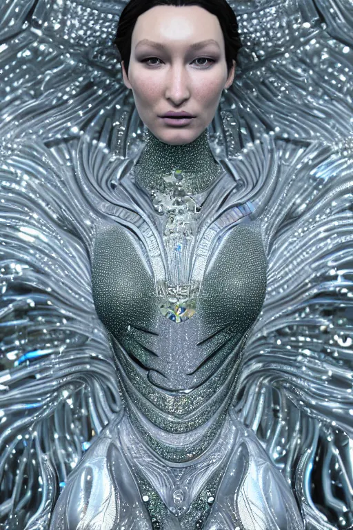 Image similar to a highly detailed metahuman 4 k close up render of an alien goddess bella hadid as milky way in iris van herpen dress schiaparelli in diamonds crystals swarovski and jewelry in style of alphonse mucha gustav klimt trending on artstation made in unreal engine 4
