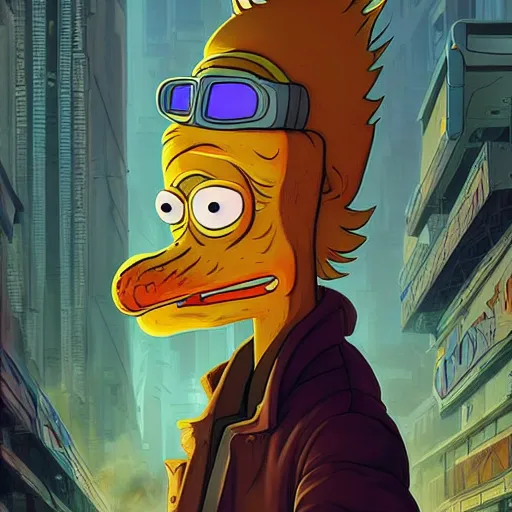 Image similar to fry futurama furry cyberpunk apocalyptic portrait by gaston bussierre and charles vess and james jean and erik jones and rhads, inspired by rick and morty, epic, funny, huge scale, beautiful fine face features, intricate high details, sharp, ultradetailed