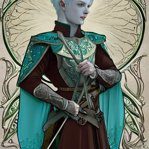 Image similar to half length portrait of a handsome snow elf in a turquoise cape and silver armour, armed with bow and arrow, albino skin, winter vibes, elegant, very coherent symmetrical artwork, rule of thirds, by ralph hosley and alphonse mucha and charlie bowater, sharp focus, trending on artstation