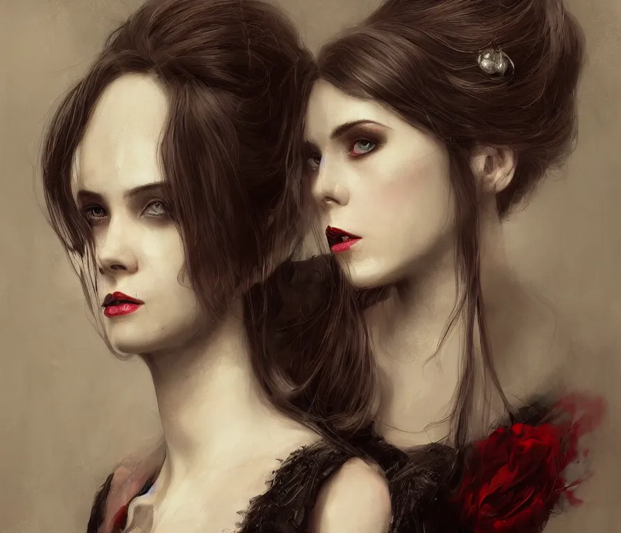 Image similar to a photorealistically painted portrait of lady vampire!!!!, dressed in a suit, perfect face!!!, beautiful eyes!!, digital painting, concept art, minimal artifacts, volumetric lighting, Artgerm and William-Adolphe Bouguerea, in the style of Tom Bagshaw, cinematic!!, stunning!, trending on Artstation!, award winning art!!!