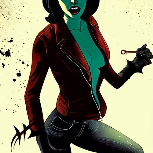 Prompt: Rafael Albuquerque comic cover art, loish, Lois Van Baarle, pretty female Samara Weaving vampire, very sharp fangs blood on face face, sarcastic smile, symmetrical eyes, symmetrical face, brown leather jacket, jeans, long black hair, middle shot, highly saturated, deep blacks