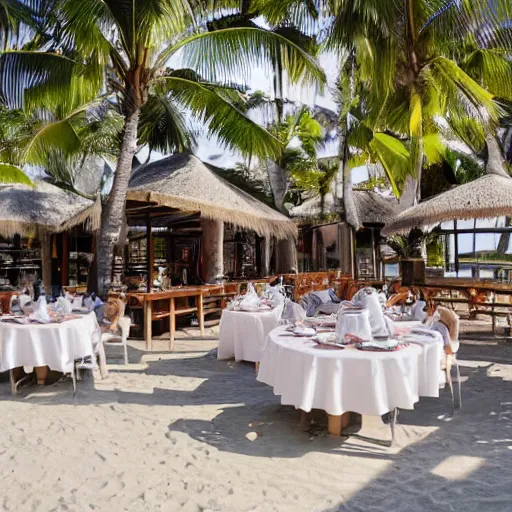 Image similar to an interior view of a complex outdoor restaurant leading to a view of the beach