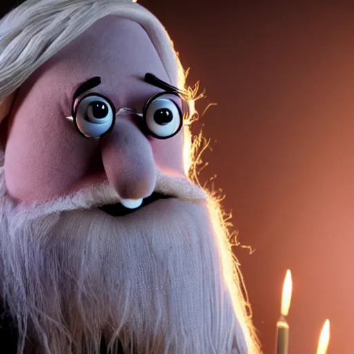 Image similar to Albus Dumbledore depicted as a muppet, photography, cinematic lighting