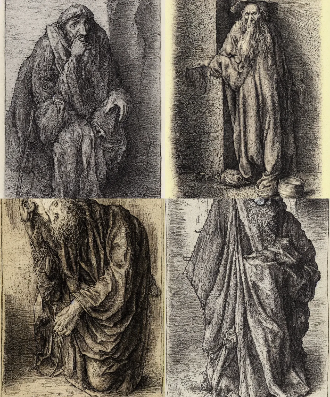 Prompt: an etching of a beggar by albrecht durer, gustave dore, highly detailed