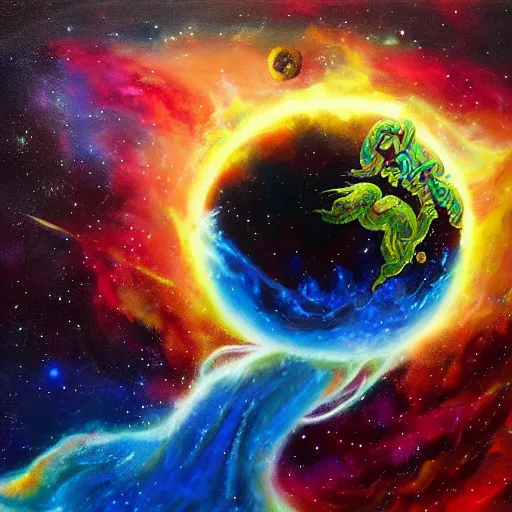 Image similar to prompt chrystalline blue dragon devouring a planet in space, sun system, nebula, oil painting