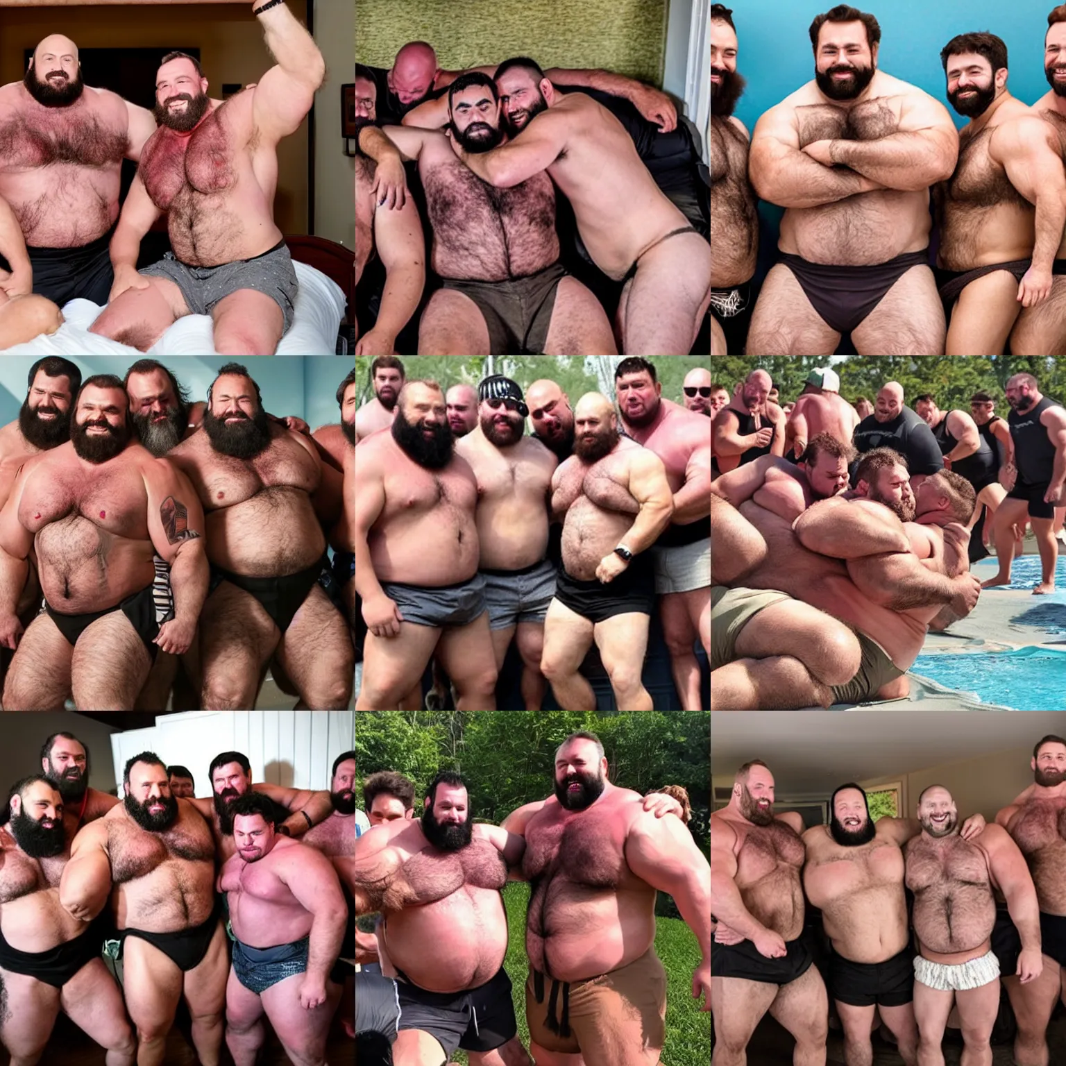 Prompt: dozens of thick hairy strongmen in shorts hugging in a bed