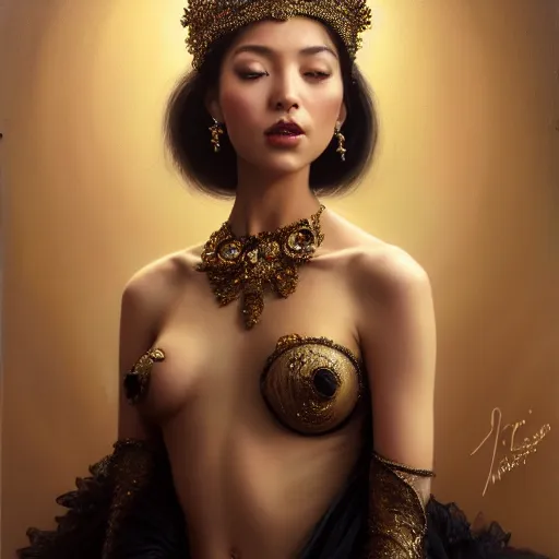 Prompt: expressive oil painting, of alluring european princess, deep seductive look, smooth glowing skin, glistening body, love, adoration, blushing, ornate headpiece of black beads, glamour shot, by yoshitaka amano, by greg rutkowski, by jeremyg lipkinng, by artgerm, digital art, octane render, ornate sheer dress