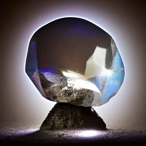 Image similar to light refraction from a mineral rock, in a dark studio room. magical and fantasy material, orb, polished. Some colorful smoke steaming out of it. Mineral auctions, mineral collections, rare mineral. rare raw metal.