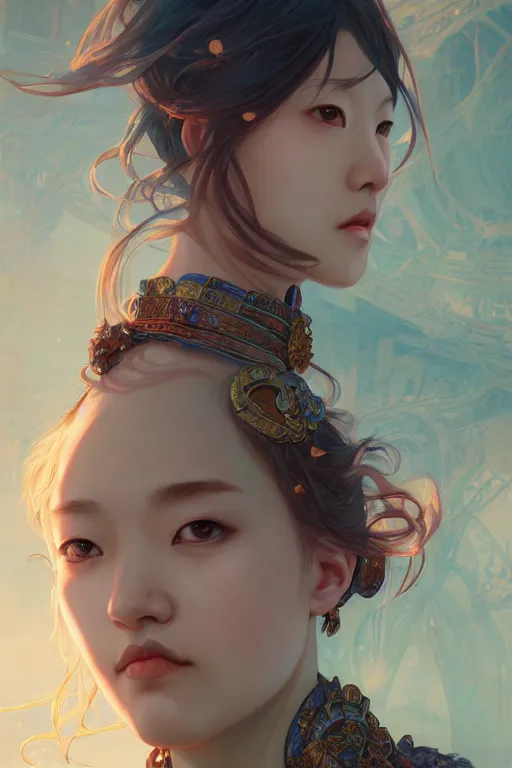 Image similar to portrait ayaka from genshin, in ruined Atlantis Sunrise, ssci-fi and fantasy, intricate and very beautiful and elegant, highly detailed, digital painting, artstation, concept art, smooth and sharp focus, illustration, art by tian zi and WLOP and alphonse mucha