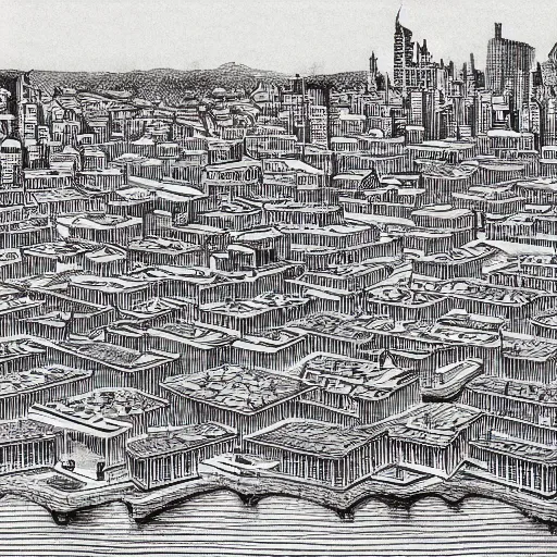 Image similar to a city by the river, drawing by m. c. escher