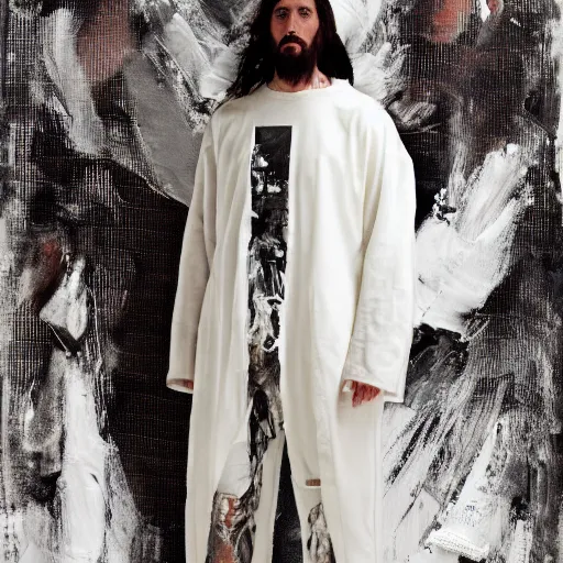 Prompt: a full body lookbook portrait of modern - day jesus wearing virgil abloh off - white menswear and sneaker collection by nicola samori, detailed, realistic oil painting, hyper - realistic, 8 k, off - white collection