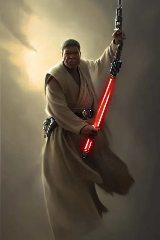 Prompt: breathtaking detailed concept art painting of a jedi winston churchil holding a lightsaber, by hsiao - ron cheng, exquisite detail, extremely moody lighting, 8 k