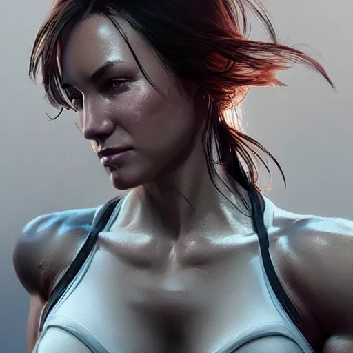 Image similar to a woman with muscles, digital art, photorealistic, unreal engine, 8 k resolution, artstation, well - defined muscles, beautiful face, pretty face, very detailed eyes, by wlop, greg rutkowski, simon bosley