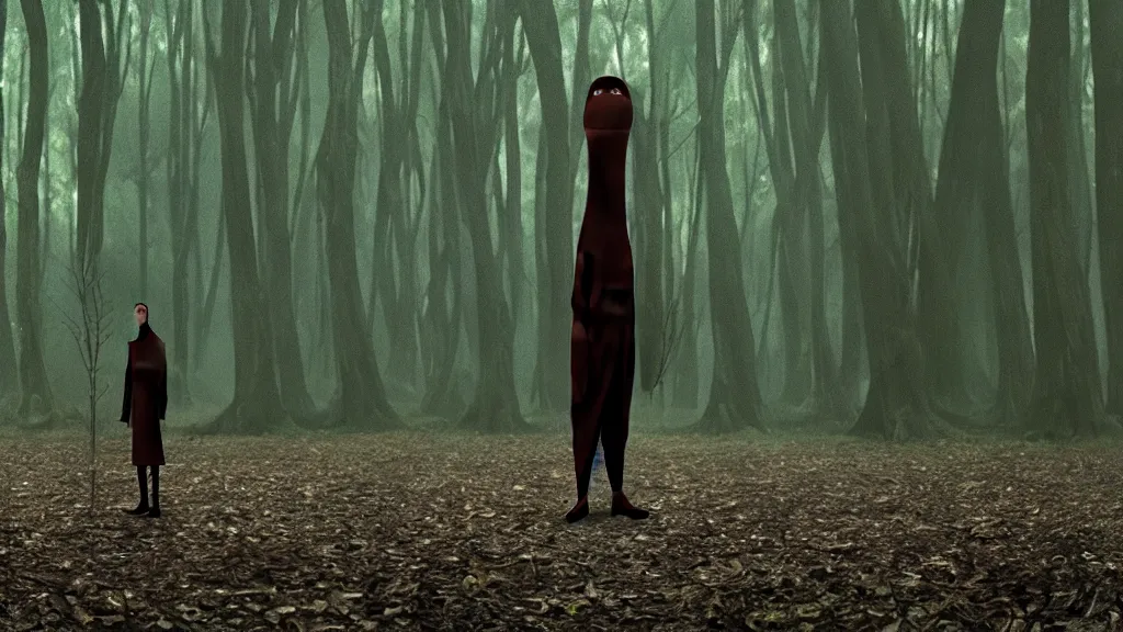 Image similar to the tall strange creature waits in the forest, film still from the movie directed by Denis Villeneuve with art direction by Salvador Dalí, wide lens