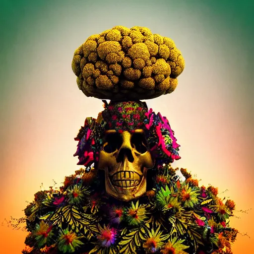 Prompt: a golden skull face african marijuanna shaman with an afro made of flowers, third eye art art by machina infinitum, complexity from simplicity, rendered in octane, mandelbulb 3 d, ambient occlusion, macro photography, felt!!! texture, tribal, neon retrowave