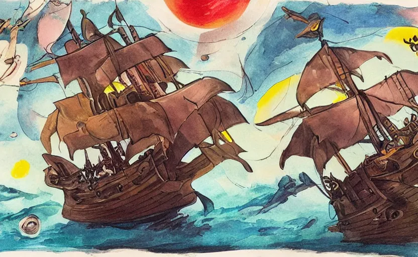 Image similar to pirate ship in space, storybook, gouache, flat, concept art, lush