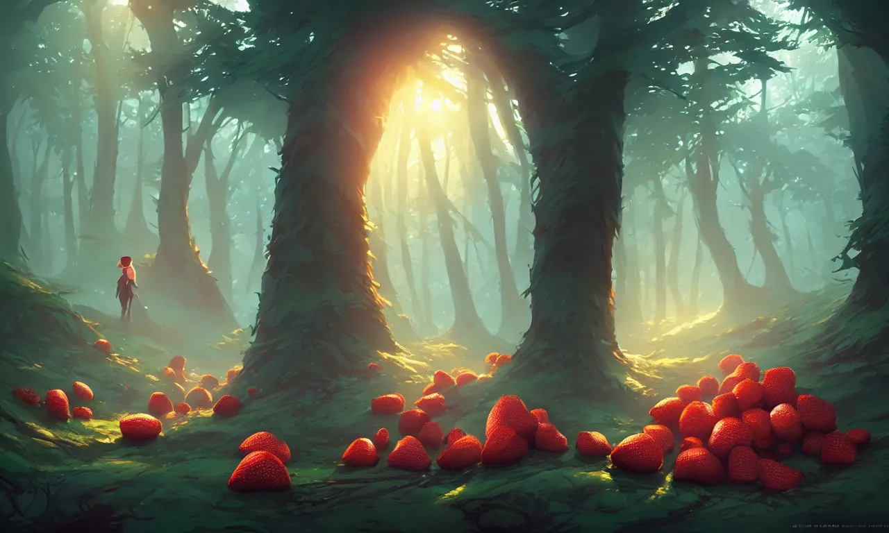 Image similar to Dark forest large strawberries, behance hd by Jesper Ejsing, by RHADS, Makoto Shinkai and Lois van baarle, ilya kuvshinov, rossdraws global illumination