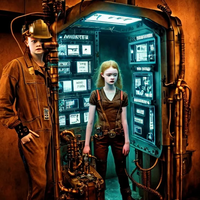 Image similar to sadie sink as a miner inside a minimalist steampunk automated kiosk with options to choose from. scifi cyberpunk. by gabriel hardman, joe alves, chris bonura. cinematic atmosphere, detailed and intricate, perfect anatomy