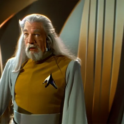 Image similar to A still of Gandalf as Captain Kirk on Star Trek, sharp focus, high quality, 4k