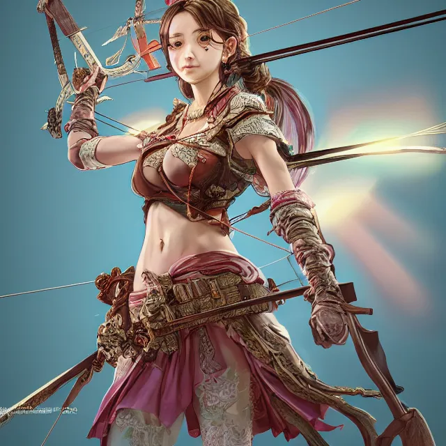 Image similar to the portrait of lawful neutral semi - colorful female archer socialite as absurdly beautiful, gorgeous, elegant, young gravure idol, an ultrafine hyperdetailed illustration by kim jung gi, irakli nadar, intricate linework, bright colors, octopath traveler, final fantasy, unreal engine 5 highly rendered, global illumination, radiant light, detailed and intricate environment