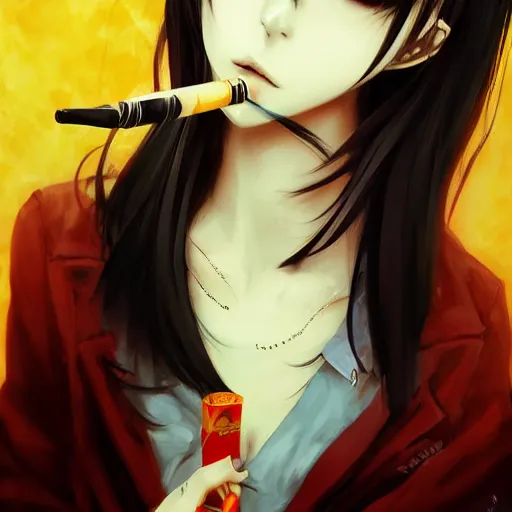 Image similar to An anime portrait of a dark haired goth smoking a djarum, by Stanley Artgerm Lau, WLOP, Rossdraws, James Jean, Andrei Riabovitchev, Marc Simonetti, and Sakimichan, tranding on artstation