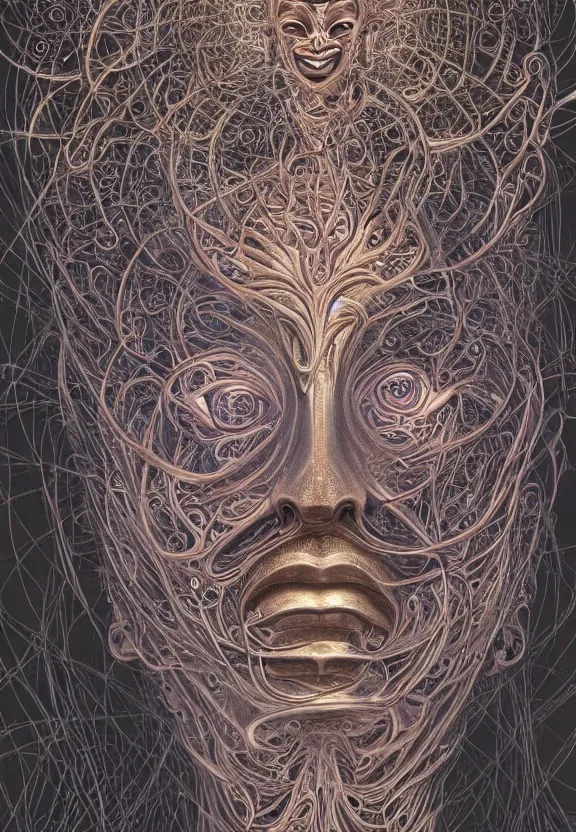 Image similar to perfectly centered portrait, front view of a beautiful biomechanical fractal robot buddha, female, flowing hair, intense stare, sarcastic smile, symmetrical, concept art, intricate detail, volumetric shadows and lighting, realistic oil painting by alex grey and gustave dore,