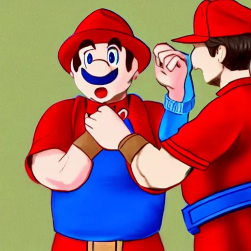 Image similar to italian plumber wearing a red hat and shirt, blue jumpsuit fighting a dinosaur, real life, realistic
