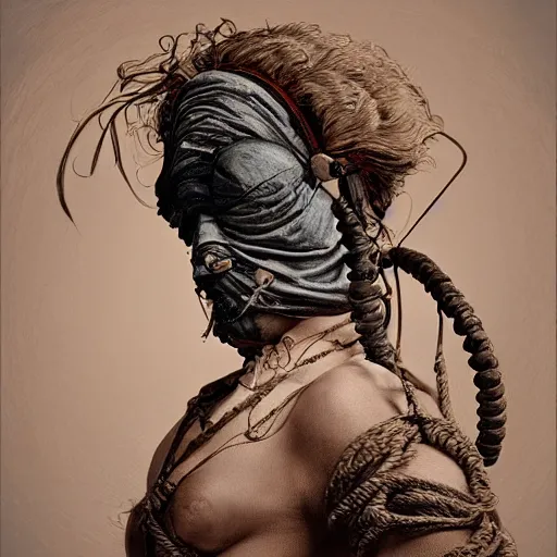 Prompt: portrait of a Shibari rope wrapped around the face and neck of an old cyborg merchant, mouth wired shut, headshot, insanely nice professional hair style, dramatic hair color, digital painting, of a old 17th century, amber jewels, baroque, expensive ornate clothing, scifi, realistic, hyper detailed, chiaroscuro, concept art, art by Franz Hals and Jon Foster and Ayami Kojima and Amano and Karol Bak,