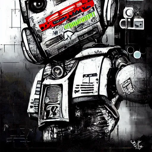 Image similar to chappie robot color graffiti, black and white zef design graffiti covering the wall behind, dark lighting, digital art, beautiful, cinematic, artstation