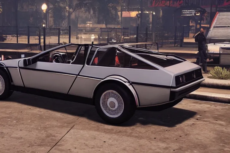 Image similar to 1 9 2 2 delorean by grand theft auto v, by red dead redemption 2, by cyberpunk 2 0 7 7