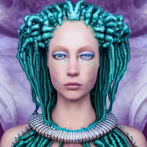 Image similar to unreal engine, octane render, 8 k, sandro botticelli portrait of egyptian sumerian goddess princess intergalactica, nautical siren, lady of elche, queen of heaven, techno mystic goddess, with aqua neon dreadlocks, teal eyebrows encrusted with diamonds, wearing iris van herpen haute couture, star - gate of futurisma,