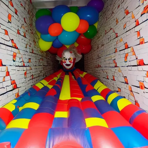 Prompt: photo of a scary clown in a infinite corridor made of bouncy castle