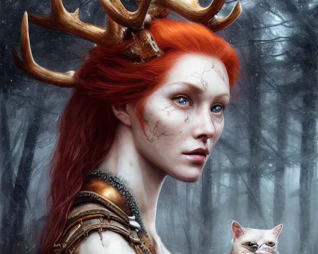 Image similar to 5 5 mm portrait photo of an armored gorgeous aesthetic redhead woman warrior with a face tattoo and antlers growing from her head and cat on her shoulder, in a magical forest in the style of luis royo. art by greg rutkowski. highly detailed 8 k. intricate. lifelike. soft light. nikon d 8 5 0.